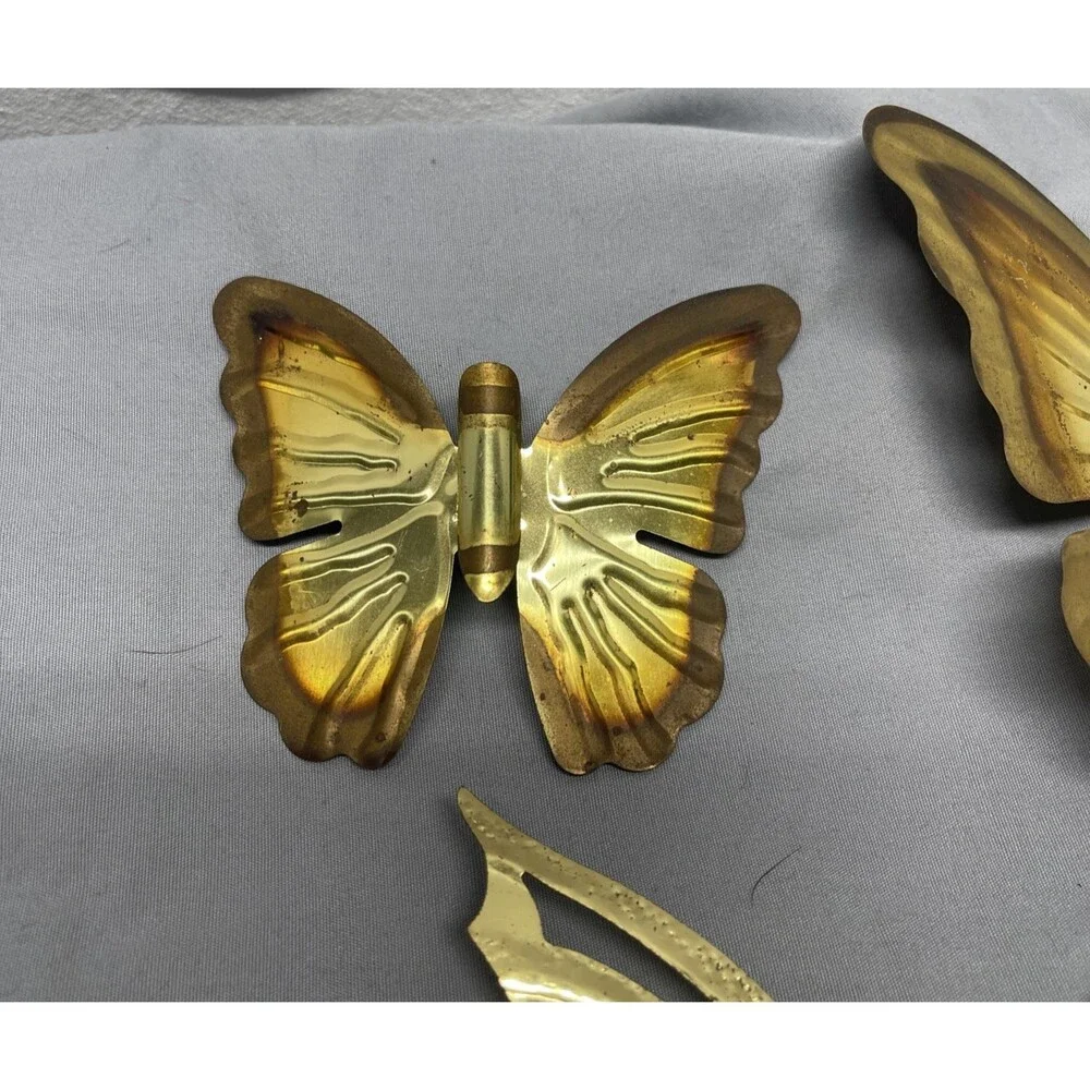 Vintage Brass Butterfly 3pc Wall Art Sculpture Hanging Decor Metal Wood Gold MCM